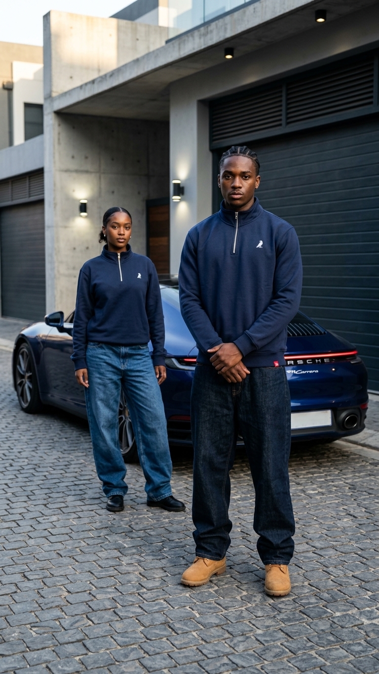 REVN Oversized Navy Blue Quarter-Zip Panel Sweatshirt