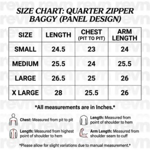 Quarter-Zip Panel Sweatshirt Size Chart